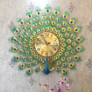 孔雀挂钟客厅现代简约钟表创意家用装 饰表壁钟静音电子钟石英时钟