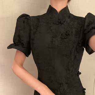 黑色改良旗袍2024年新款 夏季 年轻款 少女连衣裙国潮小个子气质高端