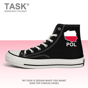 波兰Poland高帮帆布鞋 男女国家地图硫化鞋 透气学生系带潮设 无界