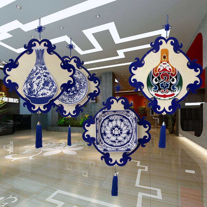 青花瓷吊饰创意中国风装 饰幼儿园小学教室大厅挂饰木礼仪传统文化