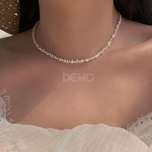 稀有碎银子强光天然巴洛克极小异形淡水珍珠项链女小众设计锁骨链