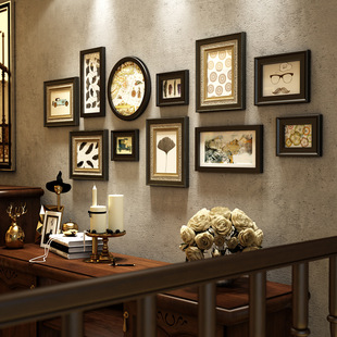 欧式 复古实木照片墙相框墙餐厅酒店挂墙装 饰画美式 沙发背景墙画框