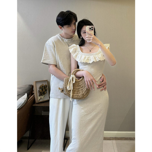夏季 2024韩版 小众设计感情侣装 T恤女连衣裙法式 一裙一衣ins潮 短袖