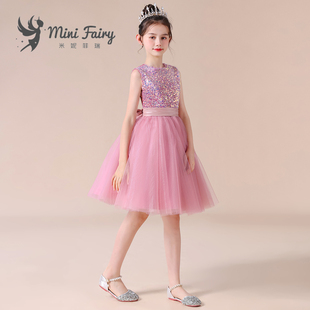 女童钢琴演出服主持人比赛小女孩花童公主裙粉色亮片短款 新蓬蓬裙