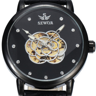 SEWOR思沃奇089 2闪钻花型镂空底全自动机械腕表真皮商务手表