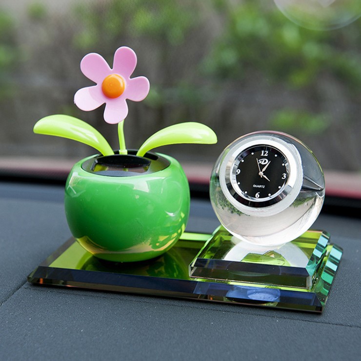 汽车摆件太阳花钟表香水摆件车载向阳花创意水晶球钟表汽车香水座
