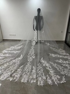 长款 拖地单层重工蕾丝排花新娘结婚头纱婚纱摄影拍摄凹造型道具