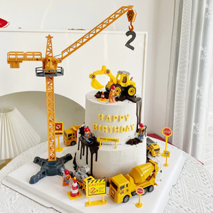 挖掘机推土机蛋糕装 饰插件男孩挖机工程车儿童生日烘焙玩具摆件