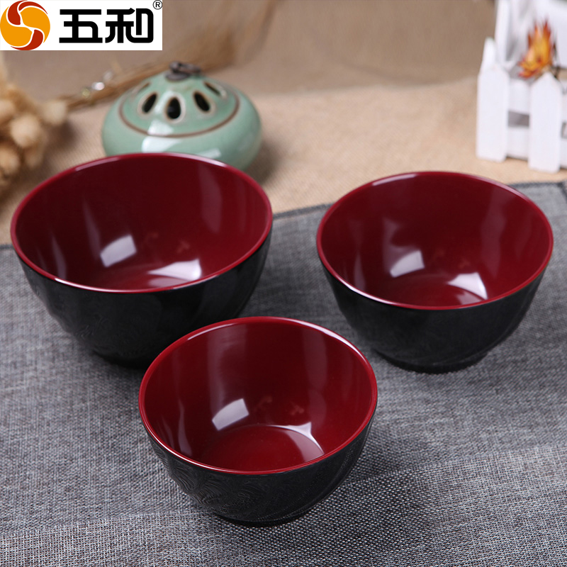 五和密胺碗碗沙县小仿瓷碗易清洗不烫手日式 碗大中红黑双色碗树脂