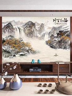 8d中式 电视背景墙壁纸3d立体客厅墙纸海纳百川影视墙壁布定制壁画