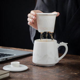 羊脂玉陶瓷办公杯带盖茶水分离德化白瓷泡茶高端马克杯大容量定制