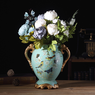 欧式 田园陶瓷大花瓶摆件美式 复古现代客厅装 饰品仿真干花艺插花器