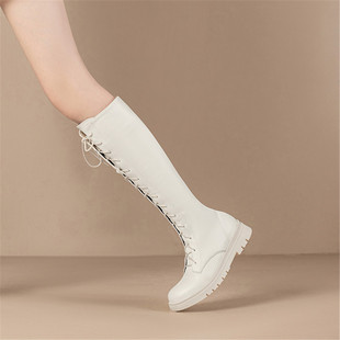 女童白色平底马丁靴儿童公主长筒靴2023秋冬季 加绒长靴软底高筒靴