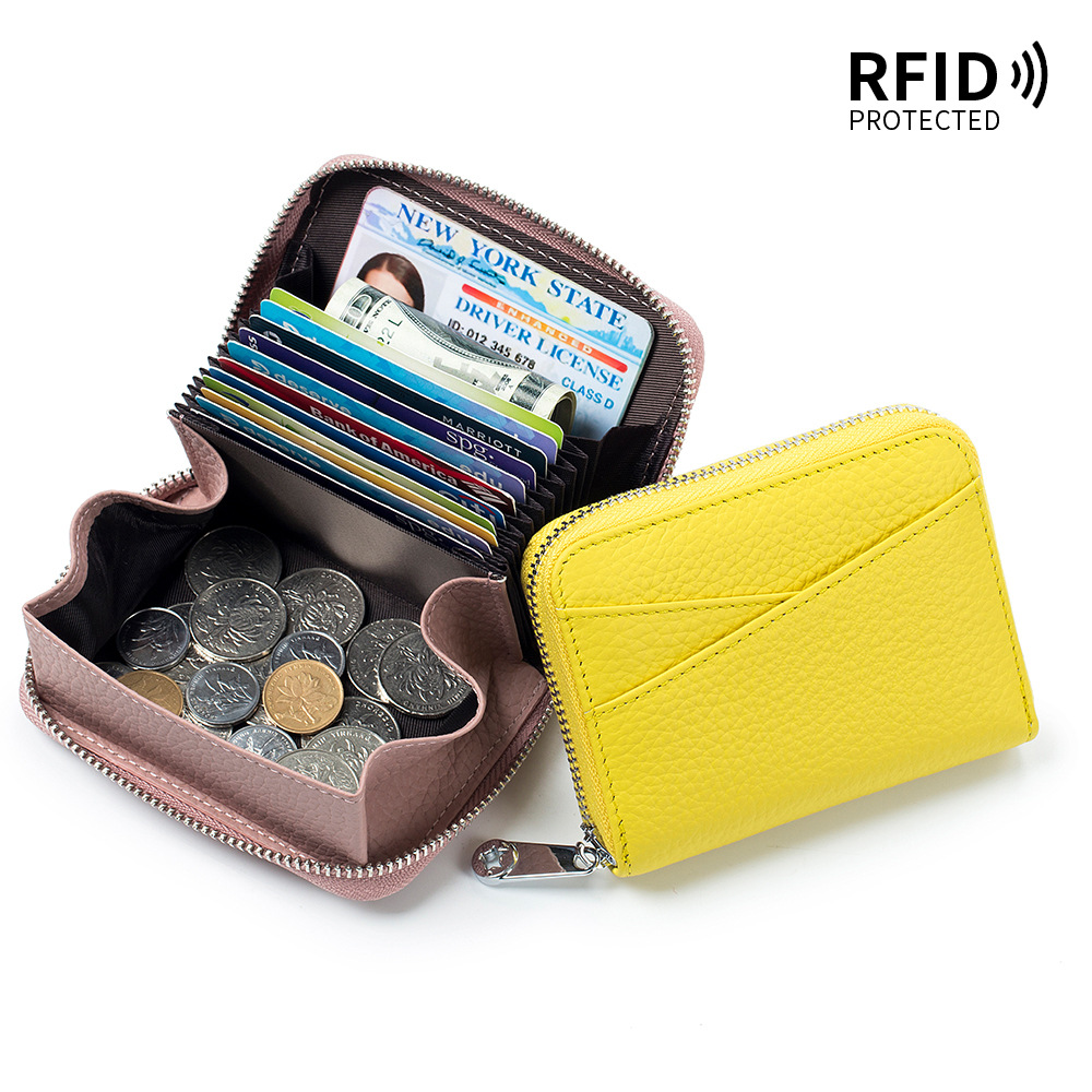 真皮日式 风琴多卡位卡包RFID 零钱包拉链卡套男女款 硬币包大容量