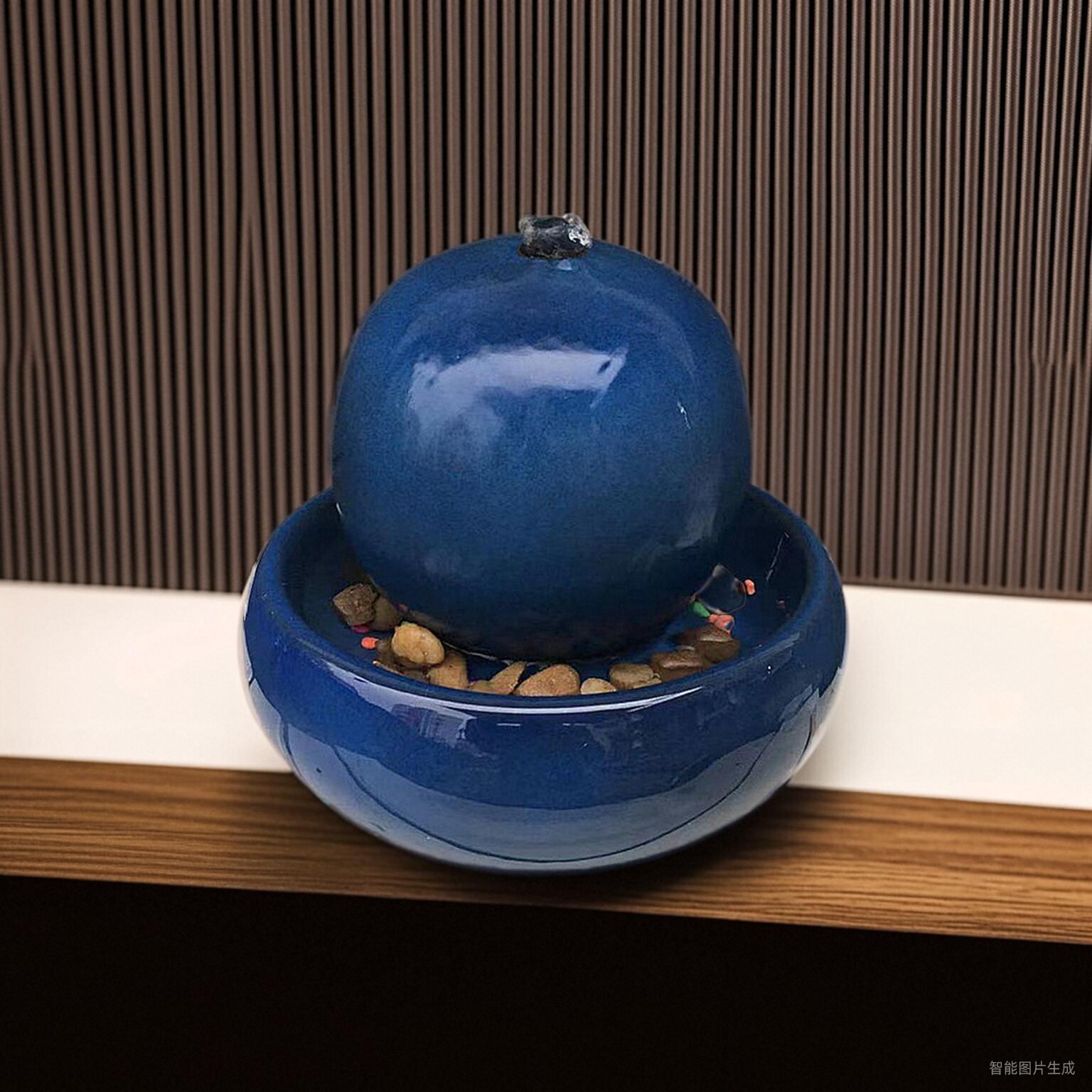 欧式 陶瓷喷泉流水加湿器蓝色摆件家居客厅桌面创意水景工艺品摆设