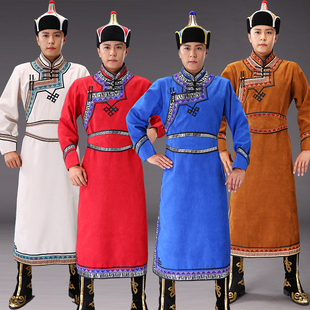 蒙古服装 男士 蒙古袍仿鹿皮绒日常蒙族传统长款 少数民族舞台演出服