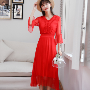 真丝桑蚕丝气质显瘦连衣裙红色设计感法式 新款 仙女裙夏季