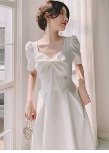 宴会连衣裙新娘日常可穿订婚小白裙夏季 女 白色领证登记小礼服法式