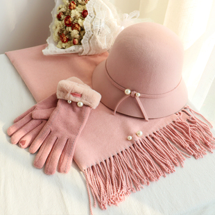 帽子围巾手套三件套女韩版 可爱粉色系三件套用心送礼 2022新秋冬季