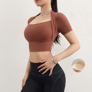 性感露脐运动上衣弹力修身 显瘦t恤网红 九麦一品含胸垫瑜伽服短袖
