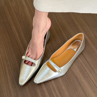气质 银色尖头浅口单鞋 elingstudio 镂空平跟平底鞋 子 女2024夏季