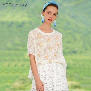 MICartsy王紫珊2020夏季 新款 真丝上衣女桑蚕丝短袖 设计感百搭显瘦