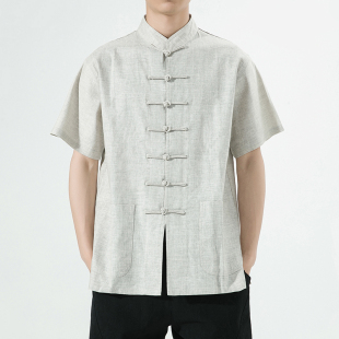唐装 男士 衣服中国风复古盘扣半袖 衬衣衬衫 棉麻上衣中老年夏季 短袖