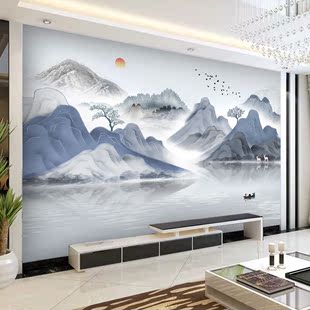 新中式 电视背景墙壁纸轻奢茶室客厅沙发墙布3d意境水墨山水壁画