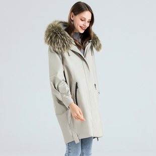 派克服女2022冬季 新款 獭兔内胆貉子毛领可拆卸皮草外套中长款 大衣