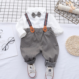 英伦风婴儿衣服春装 套装 0一3岁男宝宝周岁礼服儿童背带裤 两件套潮