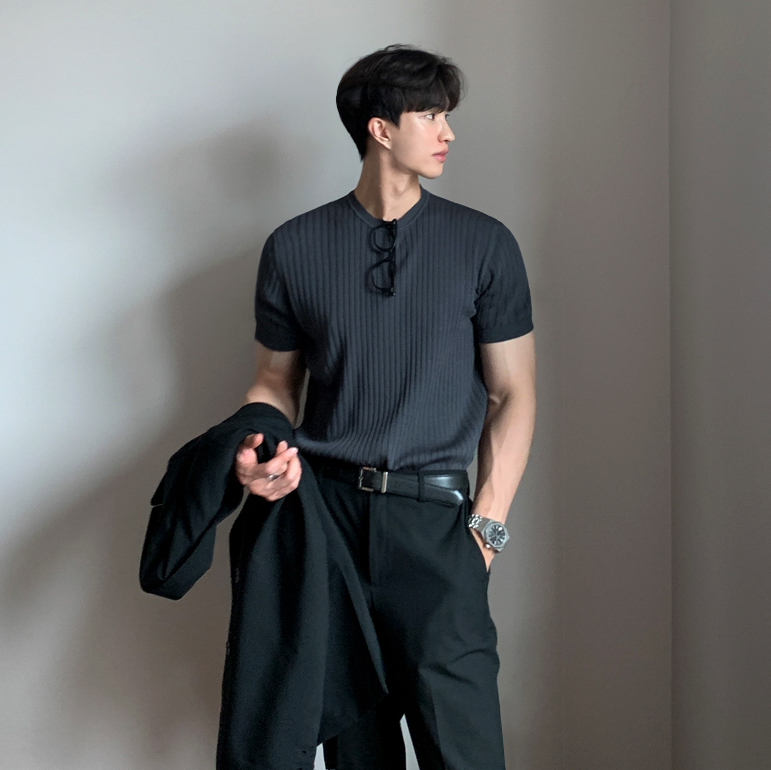 修身 韩版 MRCYC高级感薄款 夏季 针织衫 条纹短袖 男士 弹力圆领针织t恤