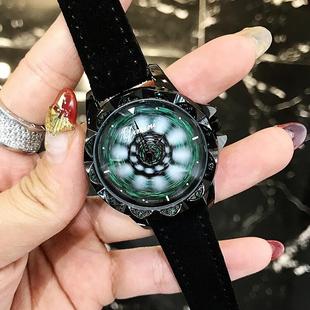 毛皮表带绿色钻优雅时尚 女蒂米妮士手表会转动表大气腕表新款