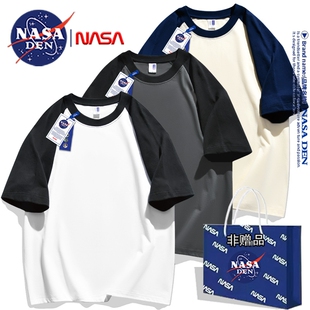 NASA联名夏季 重磅纯棉拼接短袖 T恤男简约休闲宽松百搭撞色插肩袖