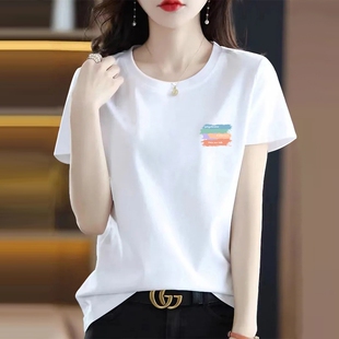 t恤女2024年夏装 新款 白色纯棉短袖 休闲洋气体恤上衣中长款 韩版