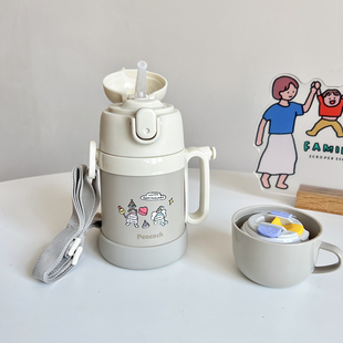 日本本土cottoli小象儿童不锈钢吸管保温杯幼儿园背带两用水壶