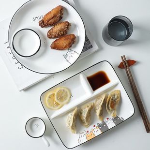 创意北欧可爱猫咪饺子盘带醋碟陶瓷水饺盘子调料格家用凉菜虾盘
