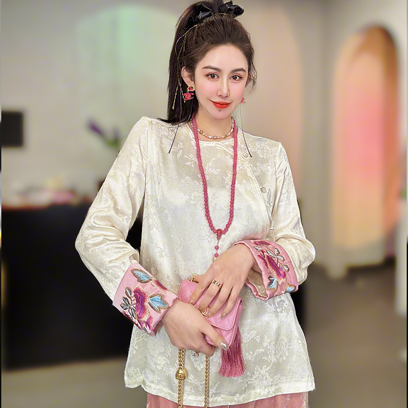 春季 新款 长袖 衬衫 新中式 女气质复古中国风绣花民国风衬衣B012 时尚