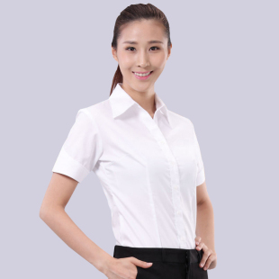 短袖 韩版 商务纯色V领斜纹修身 女装 2023新款 夏季 白衬衫 职业衬衣棉