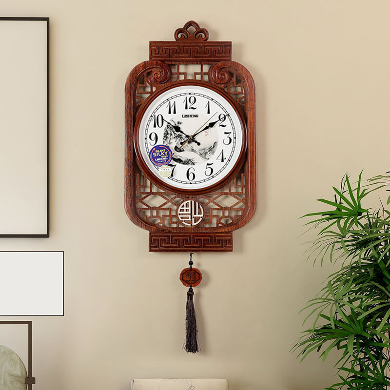 新中式 实木艺术挂钟大气中式 客厅时钟创意家用挂表个性 中国风钟表