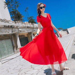 连衣裙女三亚红色收腰显瘦中长款 海边旅游浪漫日光雪纺沙滩裙 短袖