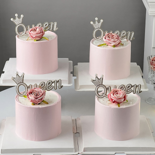 2024母亲节蛋糕装 饰皇冠珍珠Queen仿真玫瑰花女王节生日烘焙插件