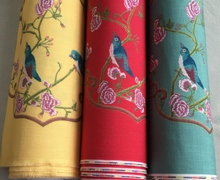 新中式 花鸟麻布印花加厚高档棉麻沙发布料抱枕套面料水墨画手工布