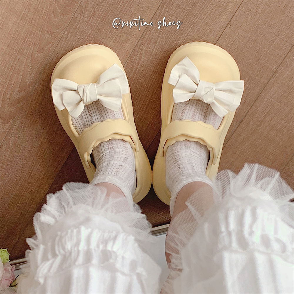 学生外穿甜美两穿凉拖鞋 日系奶黄色可爱蝴蝶结凉鞋 细细条 女夏季