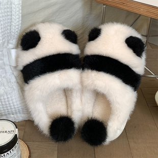 室内居家用防滑可爱毛绒保暖月子软底鞋 熊猫棉拖鞋 细细条 女冬季