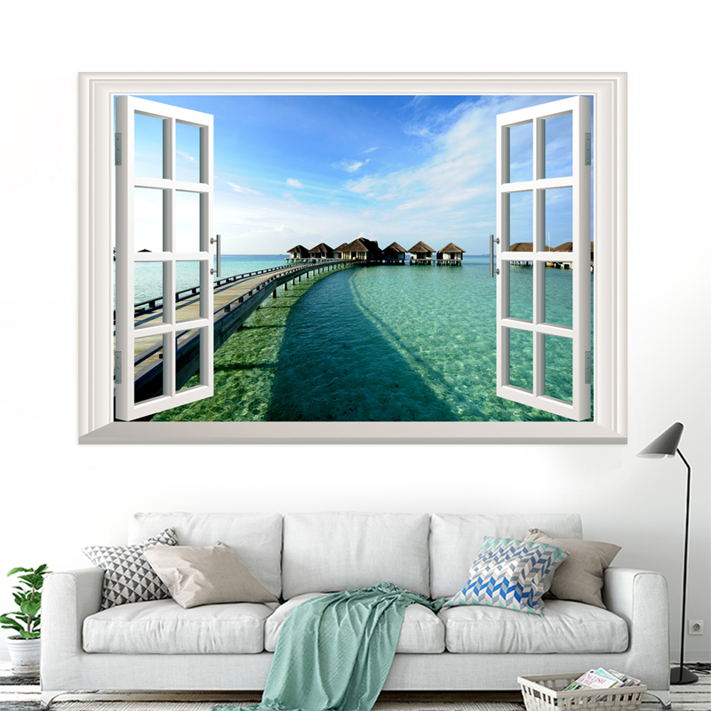壁纸自粘3d立体沙发背景墙装 饰画客厅卧室海景海滩风景贴纸假窗画