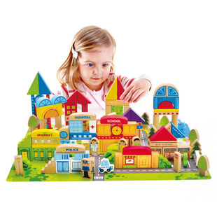 Hape儿童拼搭木质积木145块城市情景大颗粒大块木制益智玩具1 6岁