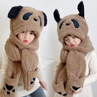 斯歌菲韩版 秋冬可爱熊猫加厚舒适保暖女围脖围巾帽子手套三件一体