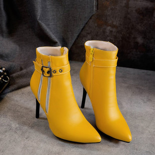 黄色高跟短靴白色女靴皮带扣拉链高跟尖头短靴大码