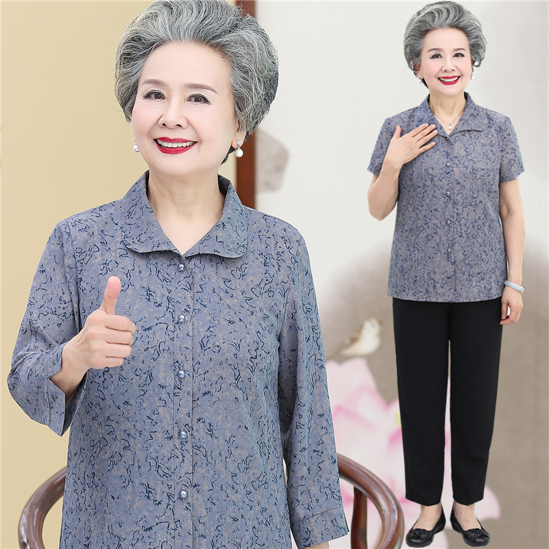 短袖 衬衫 中袖 70岁老人衬衣夏季 套装 老年妈妈装 女上衣 奶奶春装
