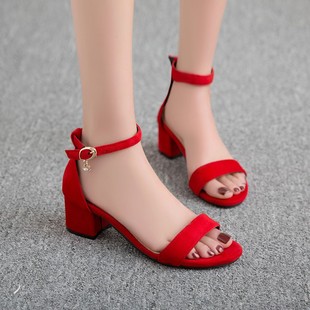 女 凉鞋 2022年新款 大码 蓝色红色粗跟中跟小码 磨砂绒面夏季 女鞋 PGY